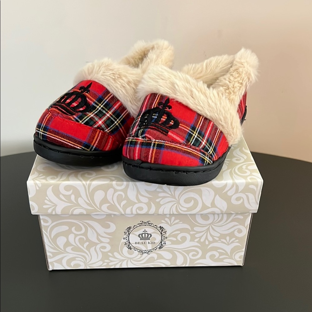 Beau Kid Red Tartan Furry Slippers
